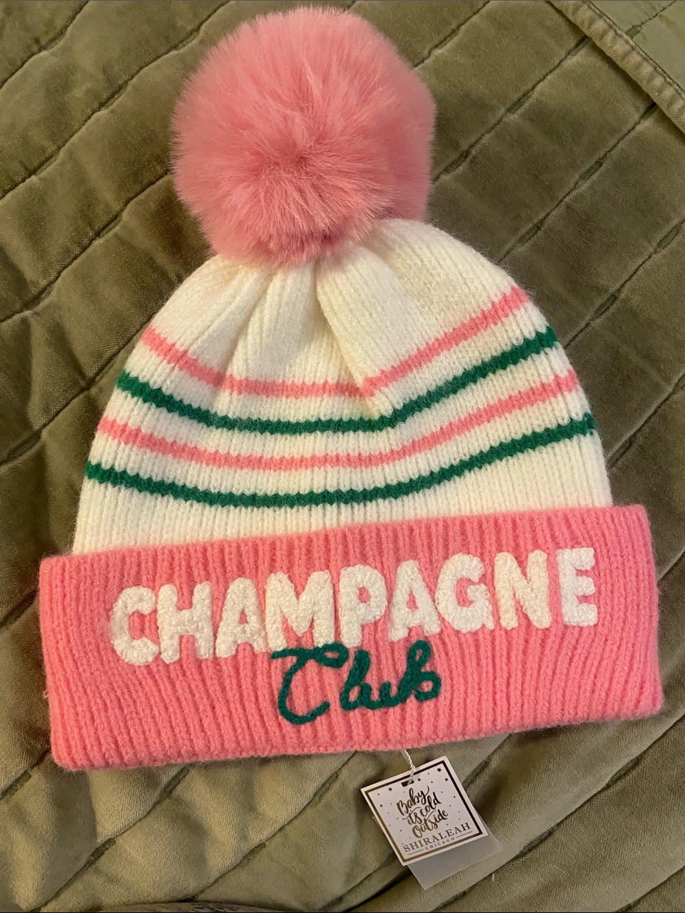 Shiraleah Pink & White girls Pom Beanie with Green Stripes